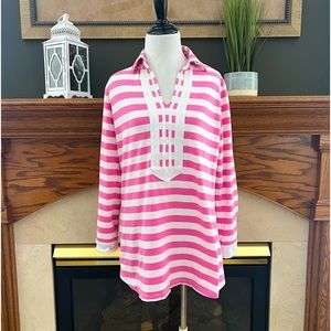 Duffield Lane Women's Pink and White Benton Stripe Pullover‎ Top Sz. M